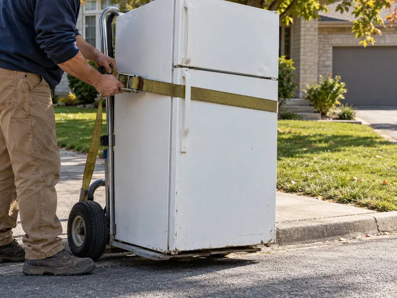 Old white fridge strapped to a hand truck at the end of a suburban driveway