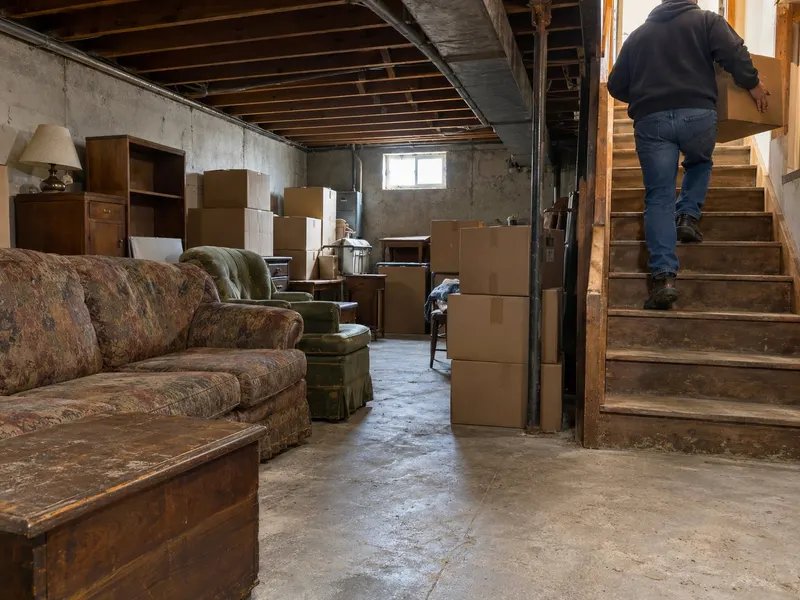 Unfinished basement crowded with a sofa, boxes and old furniture while a worker carries a box up the stairs
