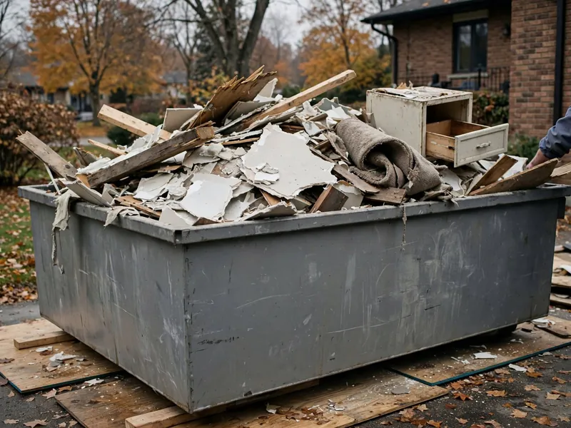 Grey metal bin on plywood in a driveway, full of broken drywall, lumber, carpet and an old cabinet