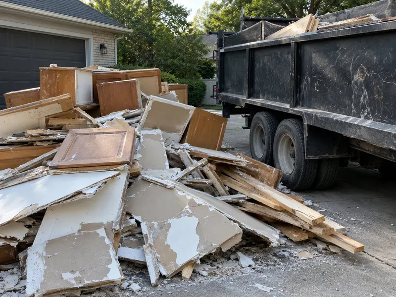 Pile of broken drywall, cabinet doors and lumber on a driveway beside a dump trailer