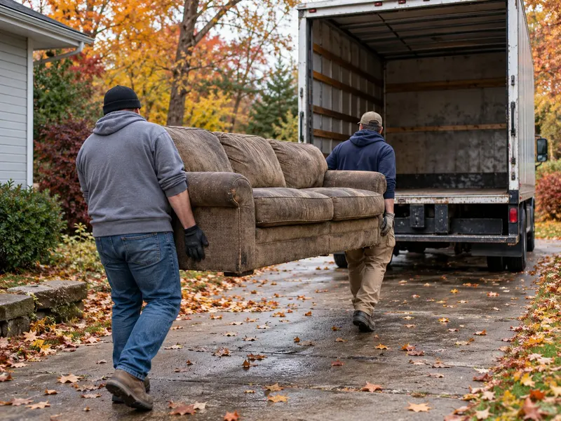 Two workers carrying an old sofa down a leaf-covered driveway to an open box truck