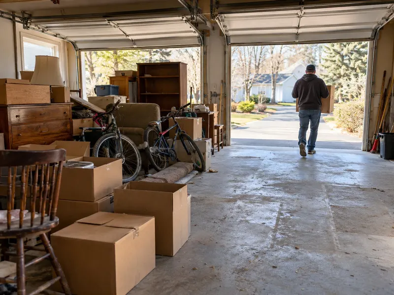 Open garage packed with boxes, bicycles and furniture while a worker carries a load down the driveway