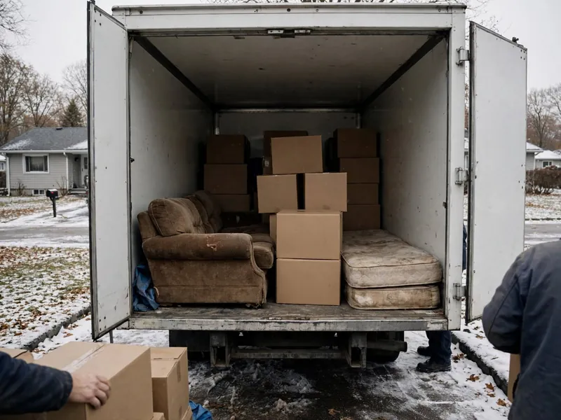 Open box truck in a snowy suburban driveway loaded with an old sofa, boxes and a mattress