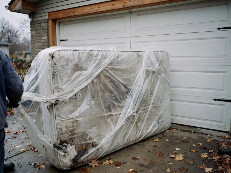 Old mattress wrapped in plastic leaning against a white garage door, autumn leaves on the driveway
